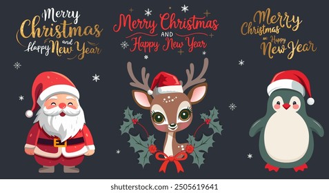 Merry Christmas set with Santa, winter animals in hats, gold lettering. For banner, card, package. Merry christmas calligraphy.