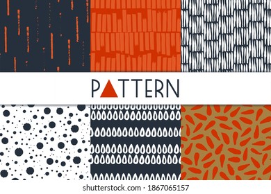 Merry Christmas. Set of seamless abstract ink patterns. Abstract design of surfaces from dots, stripes, spots. Vector illustration.