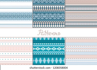 Merry Christmas. Set seamless pattern with a winter theme in ethno style. Geometric shapes, triangle, square, rhombus. Tribal motifs Scandinavian, Indian. Background, paper, texture for surfaces.
