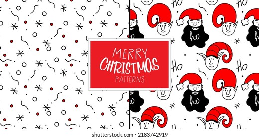 Merry Christmas set of seamless pattern with head elf and Santa Claus. The xmas black and red vector illustration in doodle art style. Trendy hand drawn icons. 