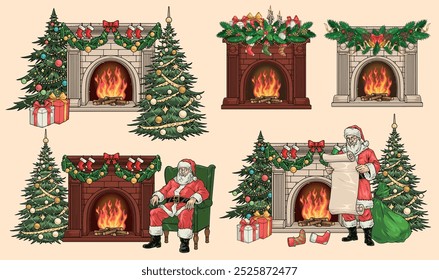 Merry Christmas set stickers colorful with New Year fir trees and festive fireplaces near Santa Claus vector illustration