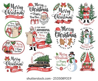 Navidades alegres fijan las pegatinas coloridas con las letras de felicitación y Santa o los muñecos de nieve cerca de la Ilustración vectorial de los árboles del año Nuevo