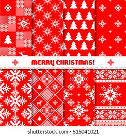 Merry Christmas set of traditional scandinavian knitted seamless patterns in red and white