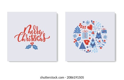 Fröhliche Weihnachtskarte mit zwei Grußkarten, deren Feiertagssymbole im Dodle-Stil gezeichnet sind. Handschrift Typografie. Moderne Pinselkalligraphie. Vektorgrafik für Symbol, Abzeichen, Banner, Poster, Karte