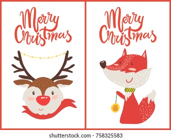Merry Christmas set of two postcards with deer dressed in red woolen scarf and fox with decor ball in paw. Vector illustration xmas symbols posters