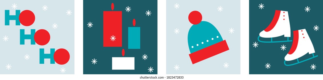 Merry Christmas set vector. Candles, skates, cap, text Ho Ho Ho. Vintage New Year icons flat style. 