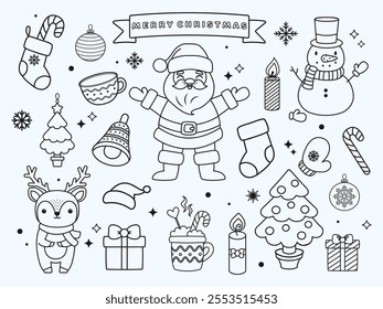 Merry Christmas. Set of vector doodle illustrations.