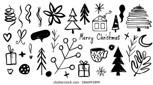Frohe Weihnachten. Satz von Vektordoodles. Design-Elemente für das neue Jahr. Weihnachtsbäume, Geschenke, Schmuck, Spielzeug, Blätter, Haus. Handgezeichnet. Für Feriendesigns, Karten, Poster.