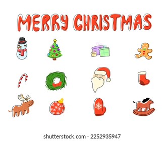 Merry Christmas Set. Vector elements in cartoon flat style isolated on white background.