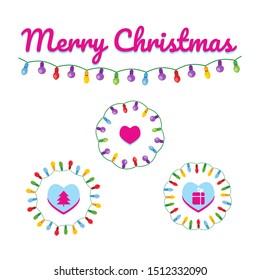 Merry Christmas set. Vector garland line and circles, text design, heart. Red, green, blue, yellow, violet bulbs on a Christmas garland. Usable for banners, greeting cards, gifts etc.