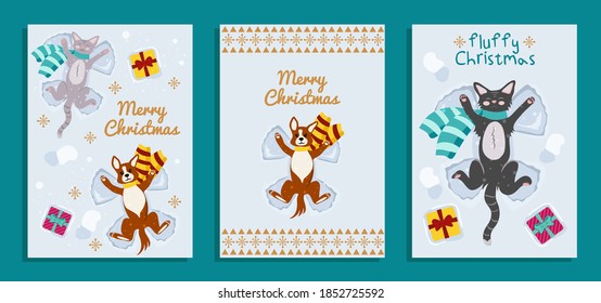Merry Christmas. Set of vector greeting card templates with funny animals. Cute Cat and dog lie on the snow and make a snow angel.