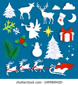 Merry Christmas Set, Vector Illustration In Paper Art Modern Craft Style. Paper Cut Christmas Tree, Stocking, Angel, Reindeer, Snowman, Holly Berries, Santa Riding Sleigh, Gift Box.