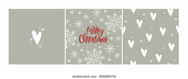 ¡Feliz Navidad! Un conjunto de postales vectoriales con letras manuscritas y patrones simples sin fisuras. Hermosos copos de nieve. Para tarjetas de felicitación, decoración, aplicación sobre tela y papel