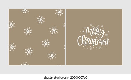Merry Christmas! A set of vector postcards with handwritten lettering and simple seamless patterns. Beautiful snowflakes. For greeting cards, decoration, application on fabric and paper