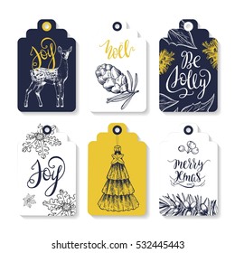 Merry Christmas set. Vector printable labels  with lettering, pine branches, pine cones, pine, young deer, deer with horns, holly, stars.