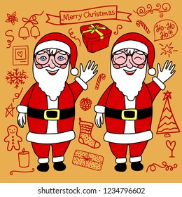 Merry Christmas Set. Vector red hand drawing holiday elements isolated on gold background. Cookies and Milk for Santa.