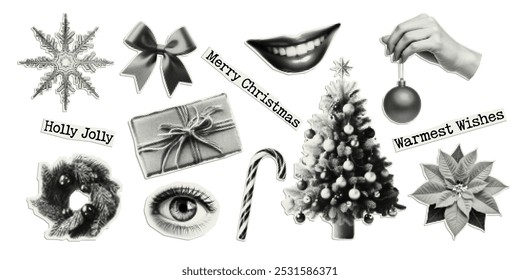 Merry Christmas. Set of vectors cut out holiday elements. Trendy decor with halfton effect for a greeting card, collage, cover design.