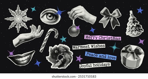 Merry Christmas. Set of vectors cut out and glitter holiday elements. Trendy decor with halfton effect for a greeting card, collage, cover design.