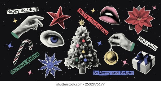 Merry Christmas. Set of vectors cut out colorful holiday elements. Trendy decor with halfton effect for a greeting card, collage, cover design.