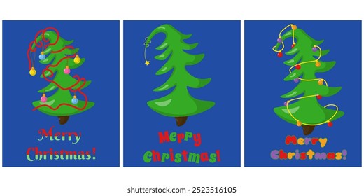 Merry Christmas, set of vertical posters or cards with funny Christmas tree and different decorations vector illustration