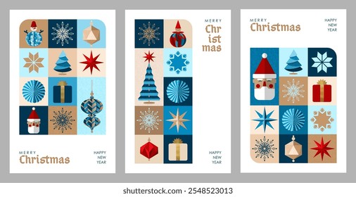 Merry Christmas, a set of vertical posters with a geometric pattern of Christmas decorations, ornaments for festive discounts, sales, congratulations, covers.