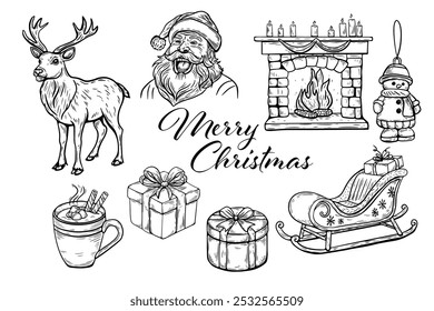 Merry Christmas set, vintage style vector sketch, line art. Santa, reindeer, sleigh, presents and other elements.