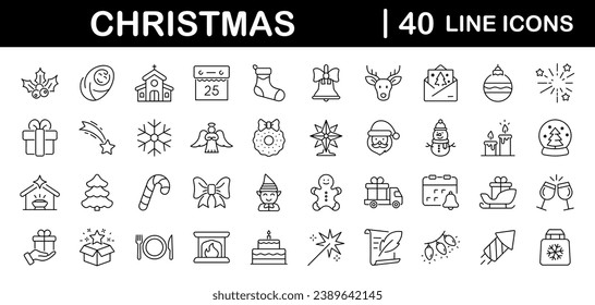 Merry Christmas set of web icons in line style. Xmas icons for web and mobile app. Christ, xmas, santa claus, gift, angel, bell, christmas tree, holiday, fireworks, snow and more. Editable stroke