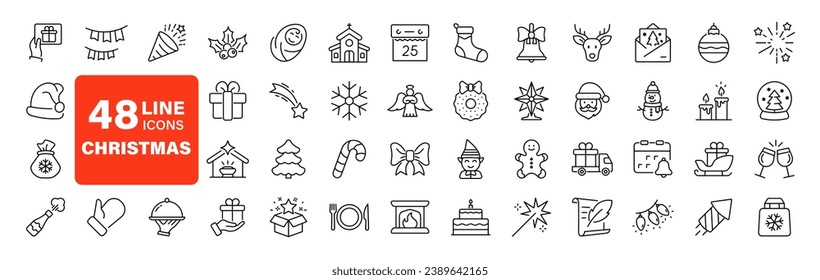 Merry Christmas set of web icons in line style. Xmas icons for web and mobile app. Christ, xmas, santa claus, gift, angel, bell, christmas tree, holiday, fireworks, snow and more. Editable stroke