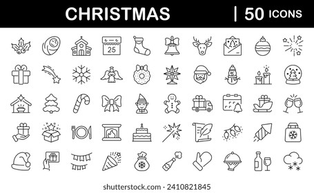 Merry Christmas set of web icons in line style. Xmas icons for web and mobile app. Christ, xmas, santa claus, gift, angel, bell, christmas tree, holiday, fireworks, snow and more. Editable stroke