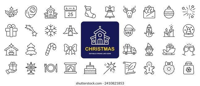 Merry Christmas set of web icons in line style. Xmas icons for web and mobile app. Christ, xmas, santa claus, gift, angel, bell, christmas tree, holiday, fireworks, snow and more. Editable stroke