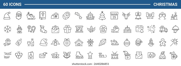 Merry Christmas set of web icons in line style. Xmas icons for web and mobile app. Christ, xmas, santa claus, gift, angel, bell, christmas tree, holiday, fireworks, snow and more. Editable stroke