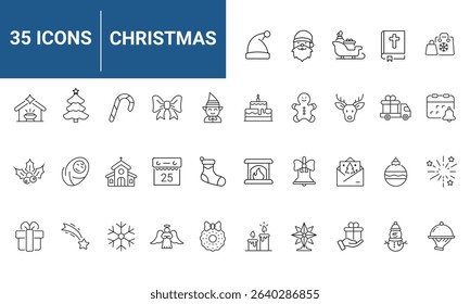 Merry Christmas set of web icons in line style. Xmas icons for web and mobile app. Christ, xmas, santa claus, gift, angel, bell, christmas tree, holiday, fireworks, snow and more. Editable stroke