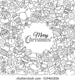 Merry christmas set of xmas monochrome pattern and text templates. Ideal for holiday greeting cards, print, coloring book page or wrapping paper.