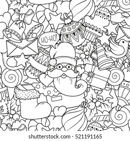 Merry christmas set of xmas monochrome pattern and text templates. Ideal for holiday greeting cards, print, coloring book page or wrapping paper.