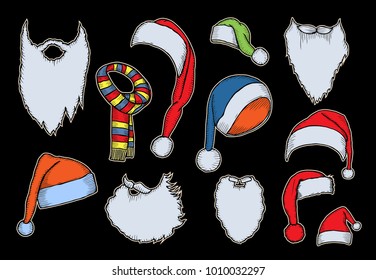 Merry Christmas set.Fashion patch badges collection.Vector Winter Holiday hand draw set on a background.Pins,stickers, patches in doddle style.Trend.Vector illustration isolated. Vector clip art.