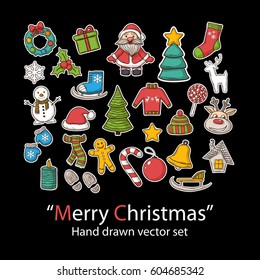 Merry Christmas set.Fashion patch badges collection.Vector Winter Holiday  hand draw set on a background.Pins,stickers, patches in doddle style.Trend.Vector illustration isolated. Vector clip art.