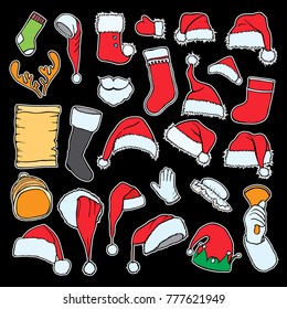 Merry Christmas set.Fashion patch badges collection.Vector Winter Holiday hand draw set on a background.Pins,stickers, patches in doddle style.Trend.Vector illustration isolated. Vector clip art.