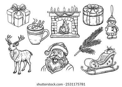 Merry christmas set,vintage style vector sketch, line drawing black and white. Santa, reindeer, sleigh, gifts and other elements.