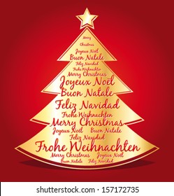 Merry christmas in several languages. Red vector greeting card with golden christmas tree.