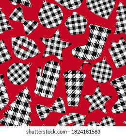 Merry Christmas shapes. Black and white Checkered seamless pattern on red background. Winter design surface. Vichy color. Vector illustration isolated.