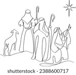 Merry Christmas shepherd and sheeps. Continuous one line drawing. Vector illustration