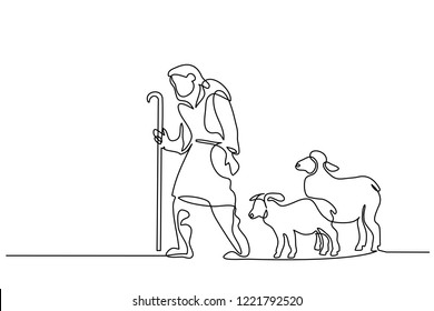 Merry Christmas shepherd and sheeps. Continuous one line drawing. Vector illustration