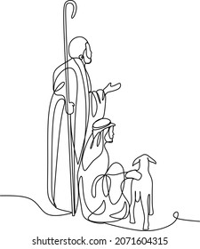 Merry Christmas shepherd and sheeps. Continuous one line drawing. Vector illustration
