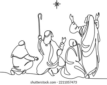 Merry Christmas shepherd and sheeps. Continuous one line drawing. Vector illustration