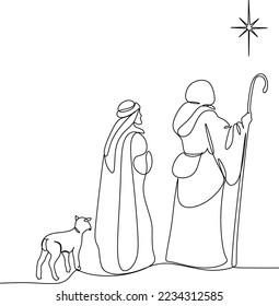 Merry Christmas shepherd and sheeps. Continuous one line drawing. Vector illustration