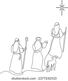 Merry Christmas shepherd and sheeps. Continuous one line drawing. Vector illustration