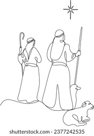 Merry Christmas shepherd and sheeps. Continuous one line drawing. Vector illustration