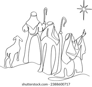 Merry Christmas shepherd and sheeps. Continuous one line drawing. Vector illustration