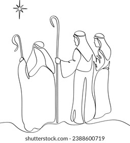 Merry Christmas shepherd and sheeps. Continuous one line drawing. Vector illustration