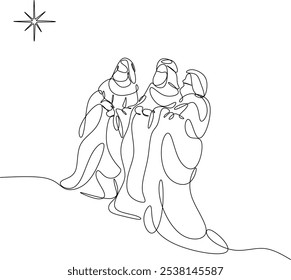 Merry Christmas shepherd and sheeps. Continuous one line drawing. Vector illustration. Hand drawn without artificial intelligence.